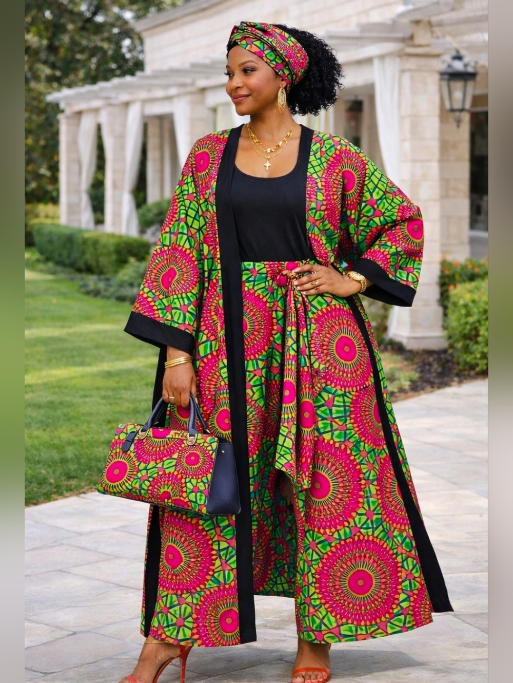 African Print Kimono Duster Palazzo Pant Set:  Belt & Headwrap